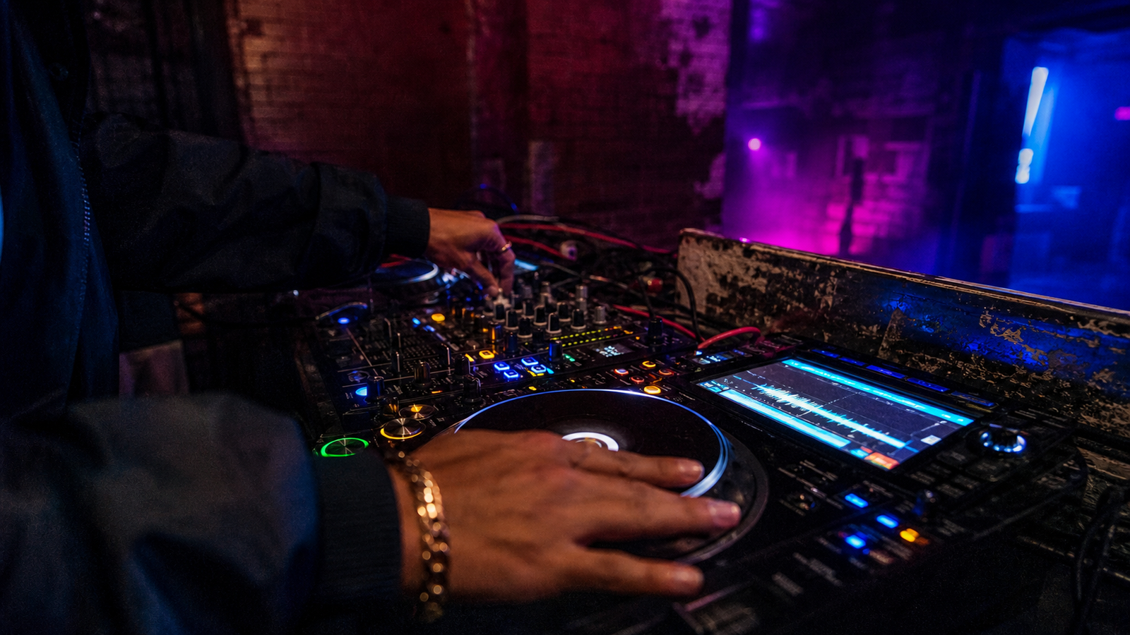 Manchester DJ booth and live music crowd