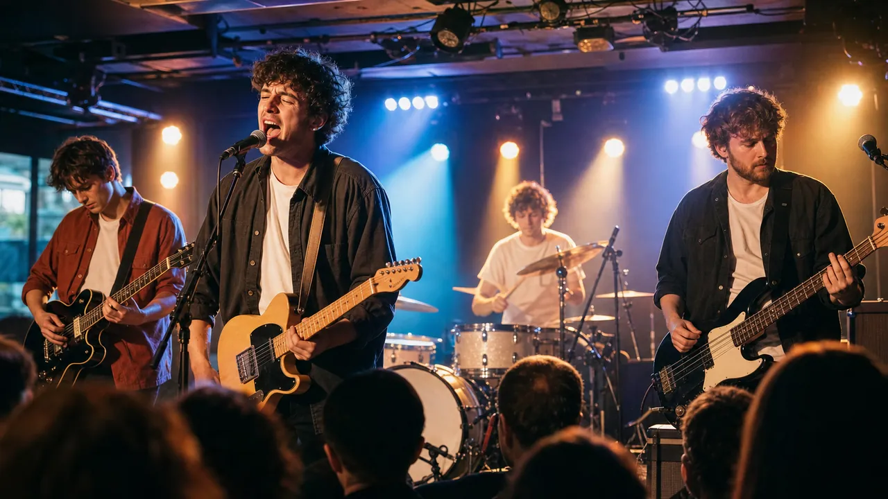 Manchester indie band performing on a small stage