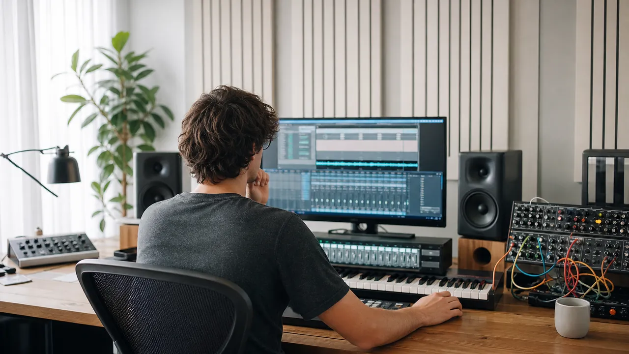 Manchester producer studio with laptop and music kit