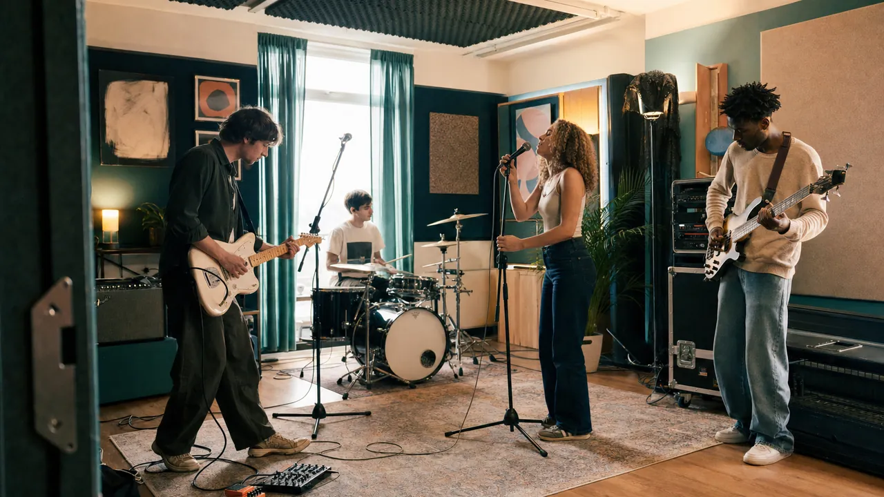 Manchester rehearsal room with drum kit and amplifiers