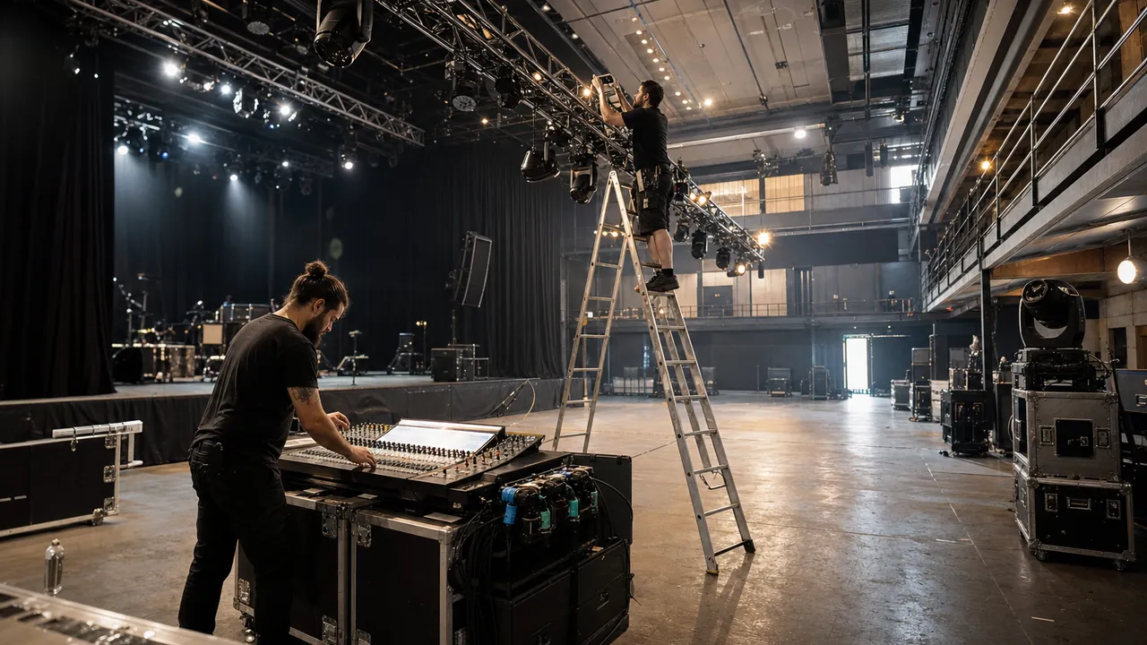Manchester sound and lighting crew setting up a live show
