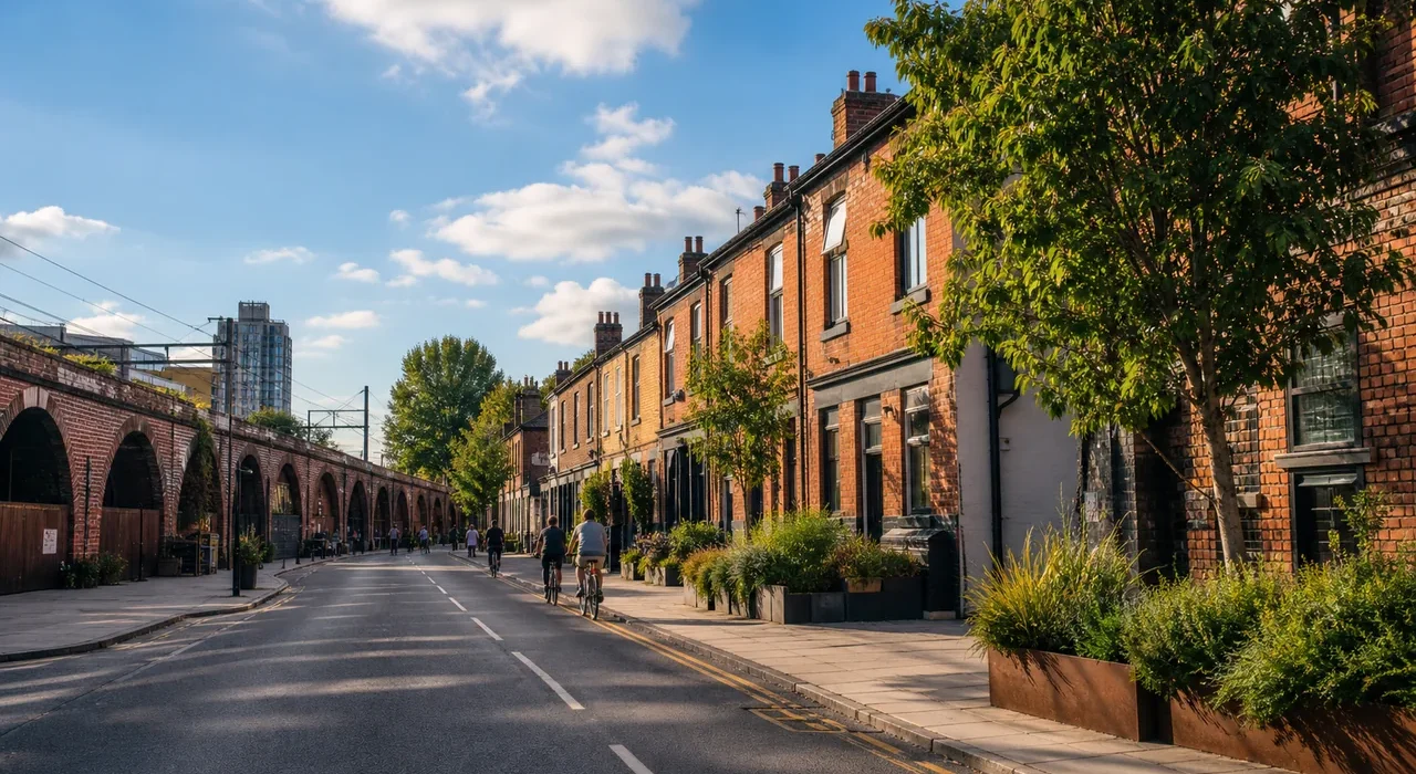 Sunny illustrated Ardwick-style red-brick street and railway-arch neighbourhood scene.