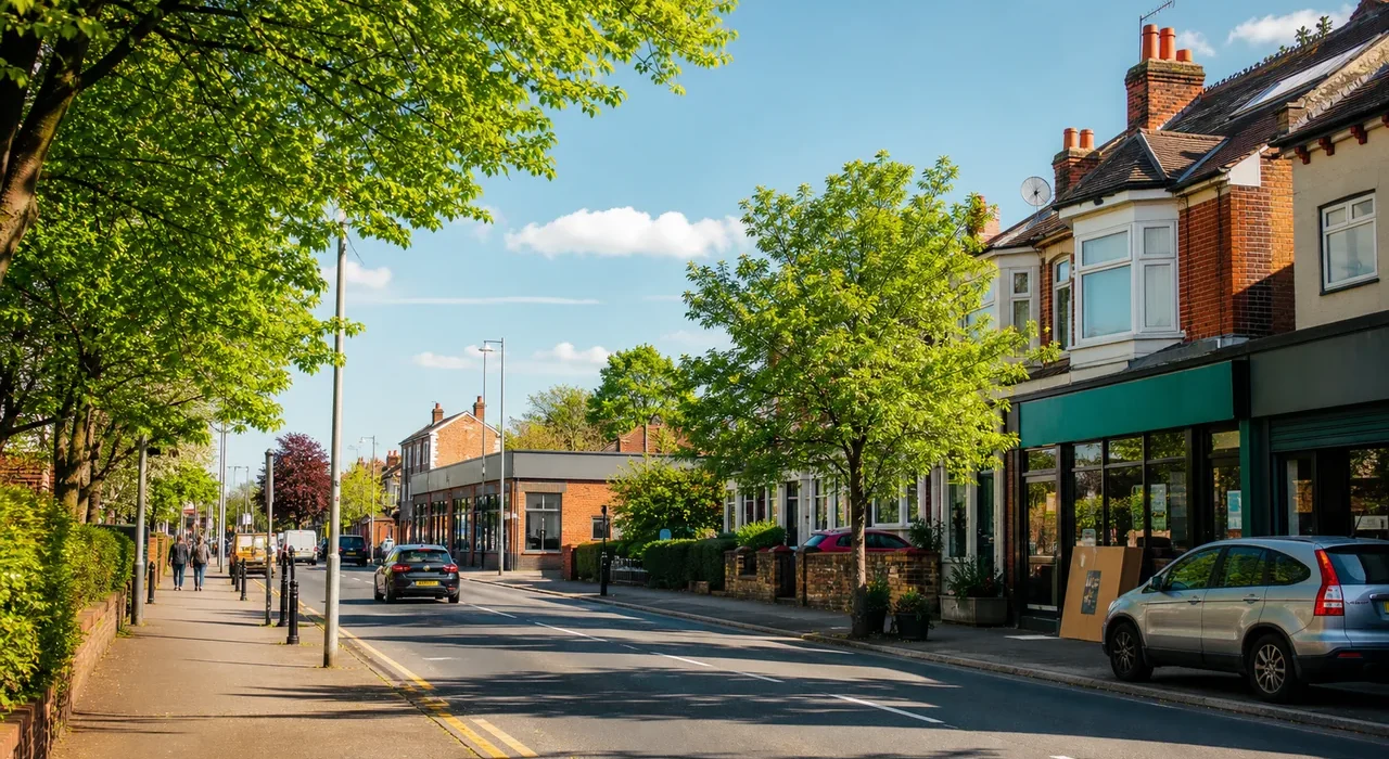 Sunny illustrated Burnage-style suburban street and local shop parade in south Manchester.