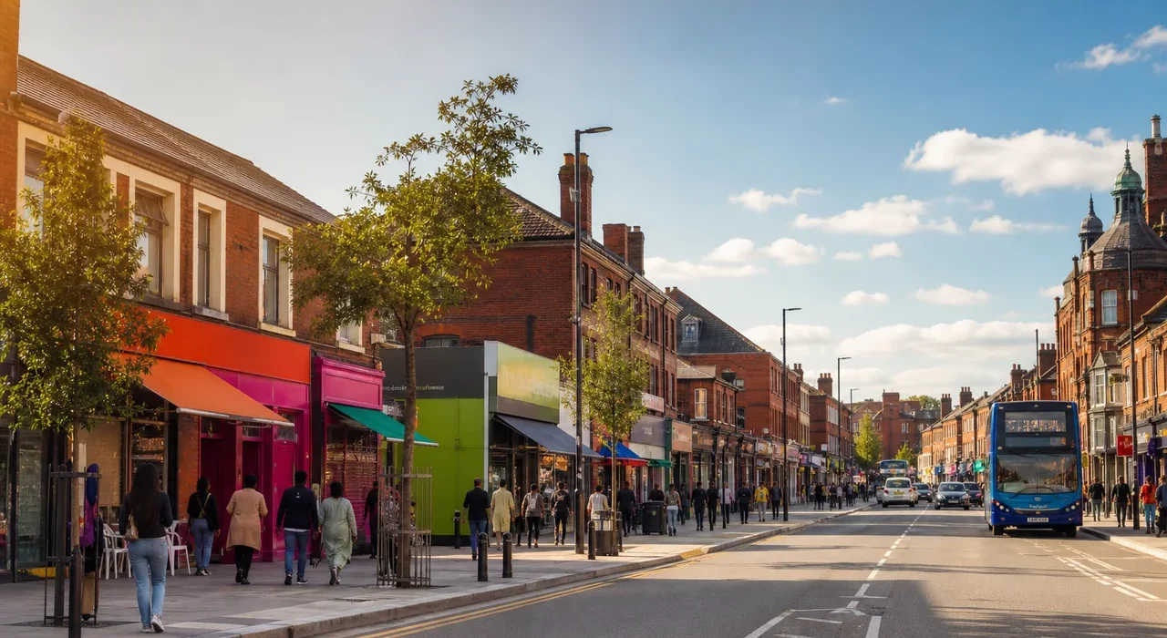 Sunny illustrated neighbourhood high-street atmosphere for Cheetham Hill, Manchester.