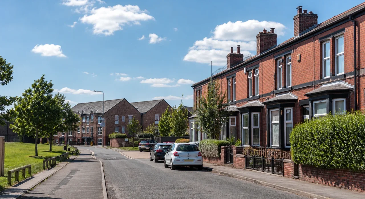 Sunny generated editorial fallback showing a Collyhurst-style inner north Manchester street with red-brick terraces and green space.