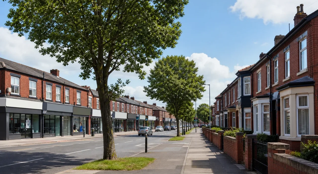 Sunny generated editorial fallback showing an Eccles-style Salford town street with red-brick terraces and blank shopfronts.