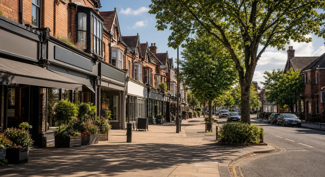 Sunny generated editorial fallback showing a Heaton Moor and Heaton Mersey-style leafy suburban parade with red-brick buildings.
