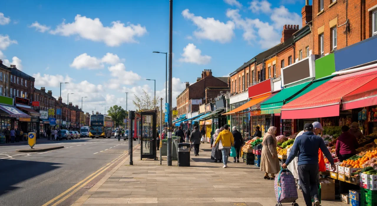 Sunny illustrated Longsight-style market street with colourful shopfronts and everyday pavement life.