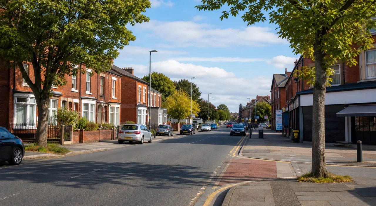 Sunny generated editorial fallback showing a Moston-style residential street and local parade edge in north Manchester.