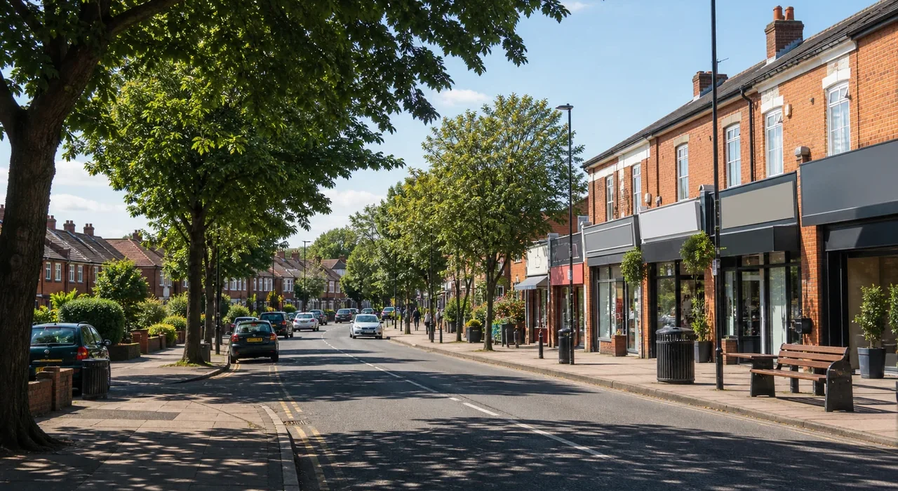 Sunny generated editorial fallback showing a leafy Prestwich-style suburban street and blank local shopfronts.