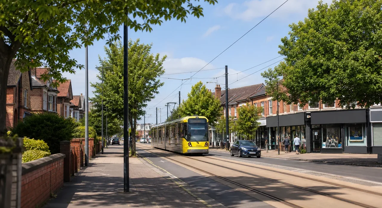 Sunny generated editorial fallback showing a Sale-style leafy Trafford street with tram tracks and blank shopfronts.