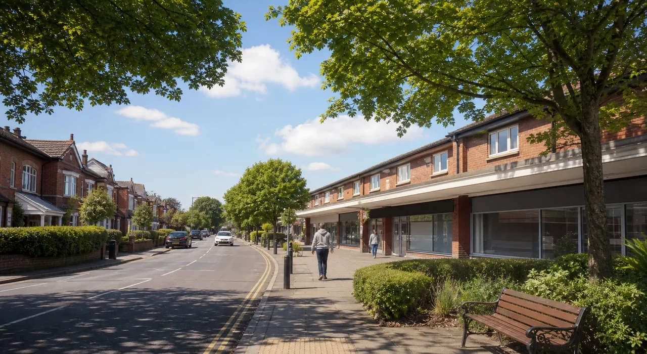 Sunny generated editorial fallback showing an Urmston-style leafy Trafford street and local parade with blank shopfronts.