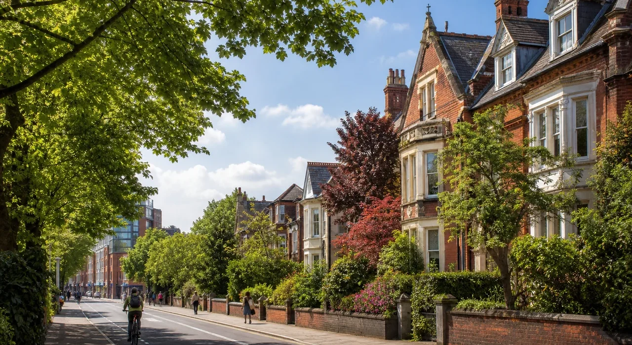 Sunny illustrated Victoria Park street with leafy Victorian villas in Manchester.