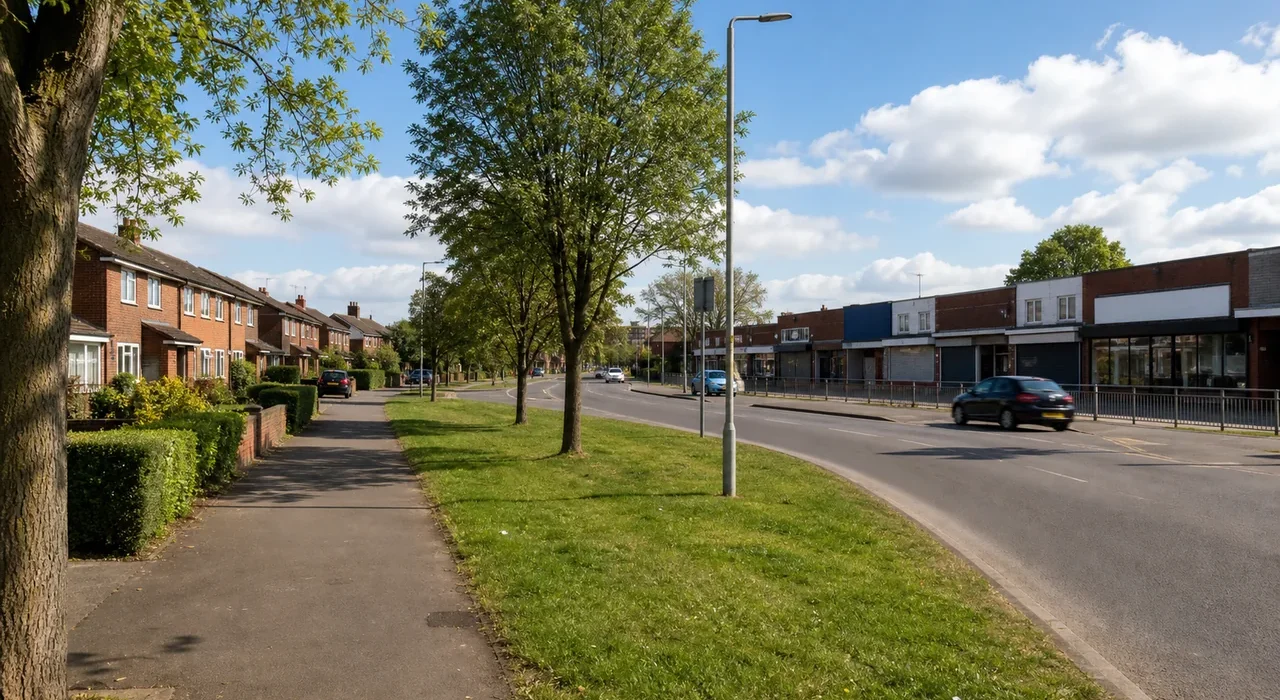 Sunny generated editorial fallback showing a Wythenshawe-style suburban estate road with green verges and a blank local parade.